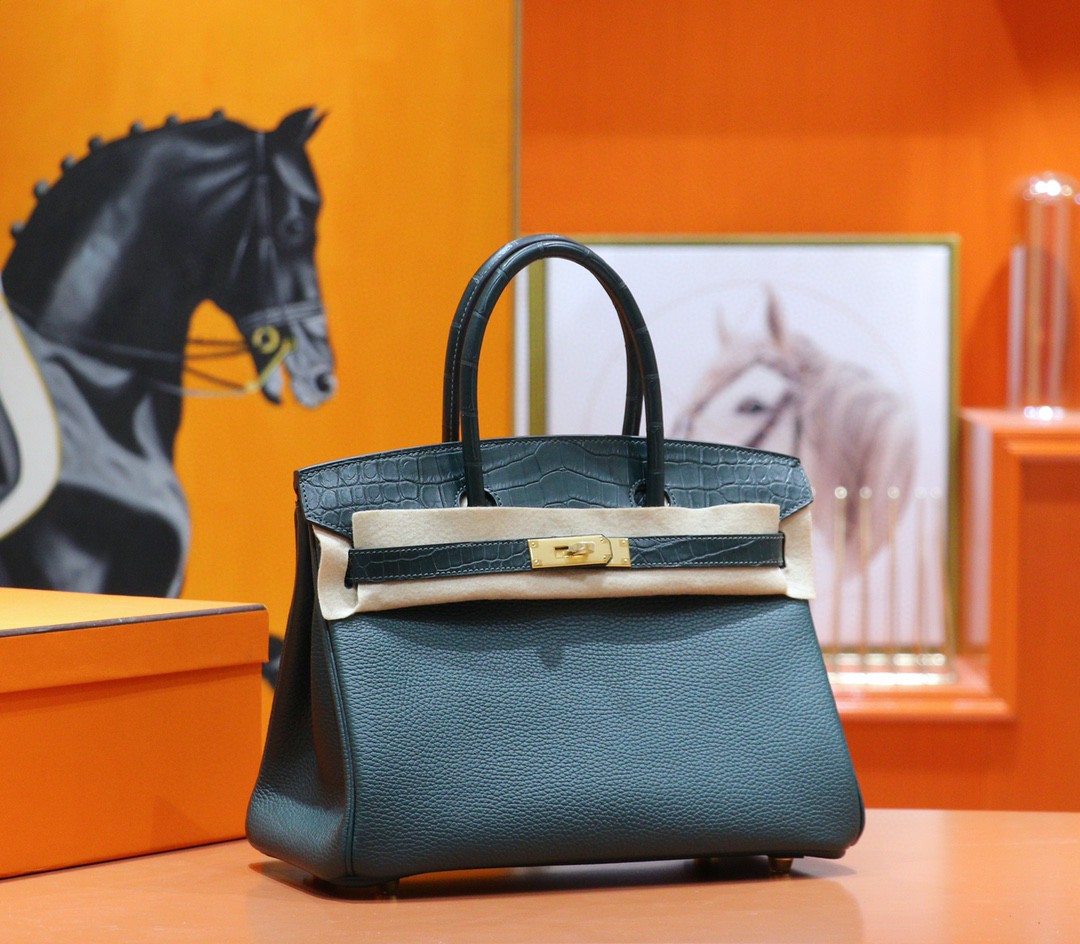 Hermès（爱马仕）Birkin 铂金包 松柏绿 雾面鳄鱼皮 拼 Togo 全手缝 金扣 30cm