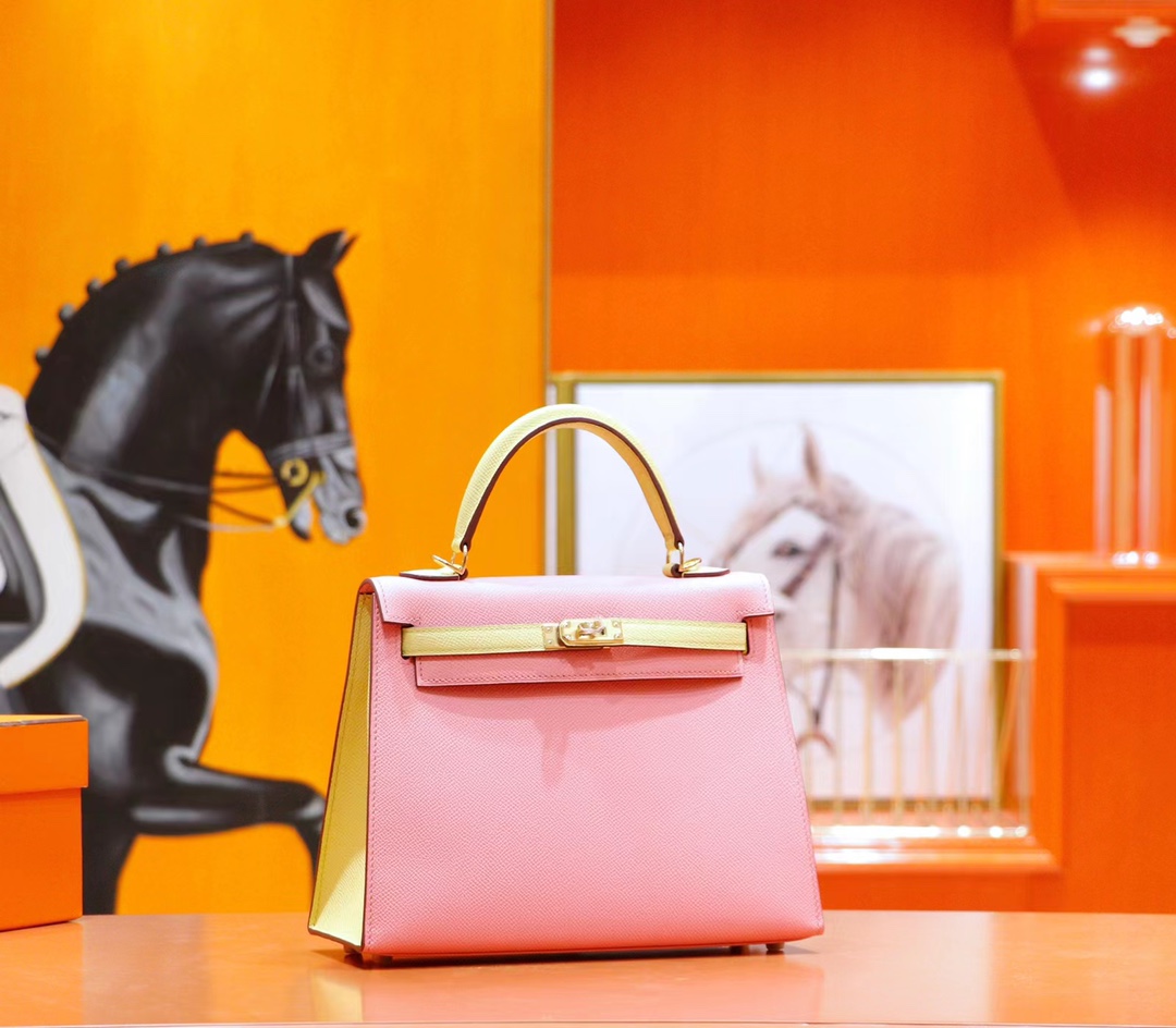 Hermès（爱马仕）Kelly 凯莉包 小鸡黄 拼 奶昔粉 Epsom 全手缝 小牛皮 金扣 25cm