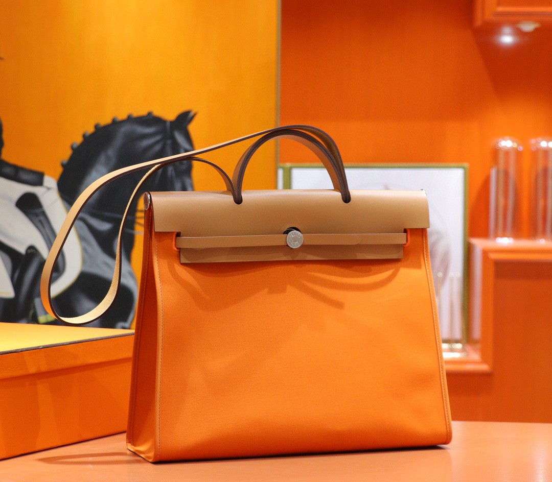 Hermès（爱马仕）Herbag 橙色 原版帆布 拼 原厂皮 最高版本 银扣 39cm