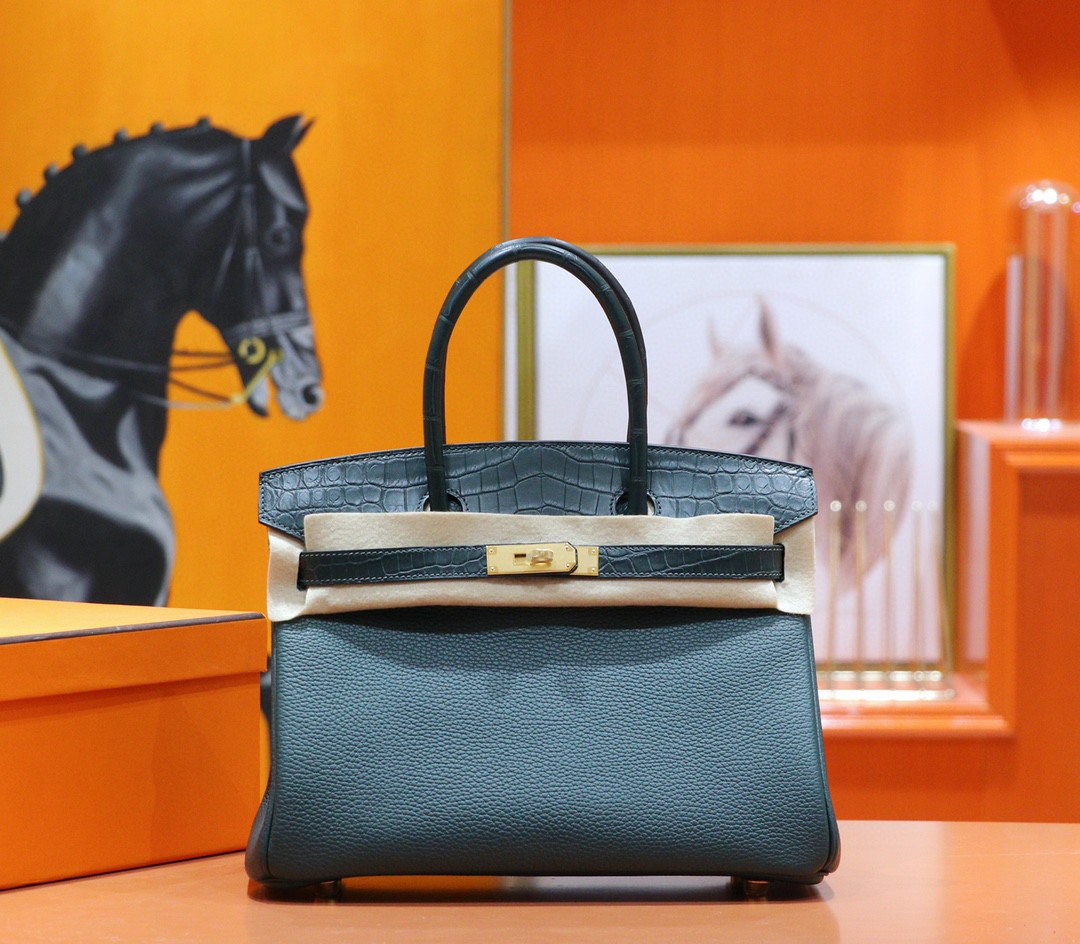 Hermès（爱马仕）Birkin 铂金包 松柏绿 雾面鳄鱼皮 拼 Togo 全手缝 金扣 30cm