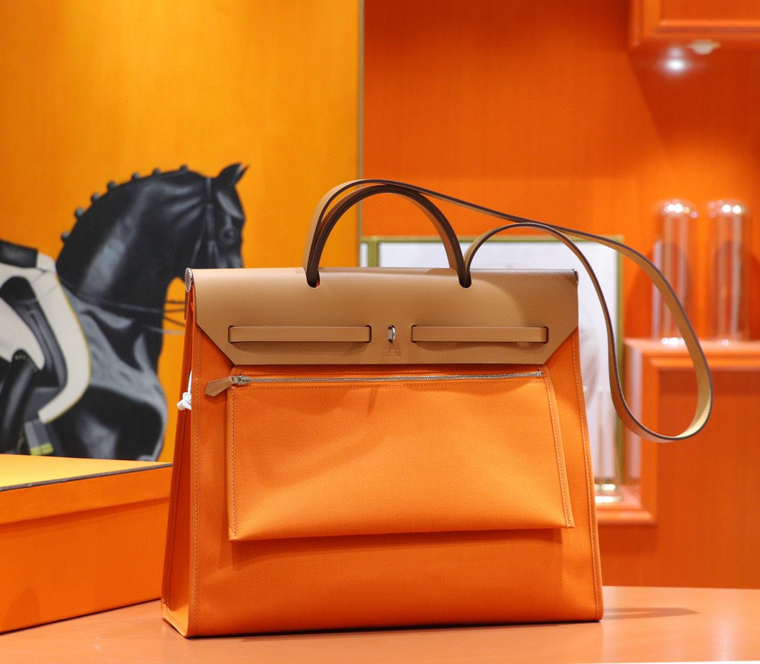 Hermès（爱马仕）Herbag 橙色 原版帆布 拼 原厂皮 最高版本 银扣 39cm