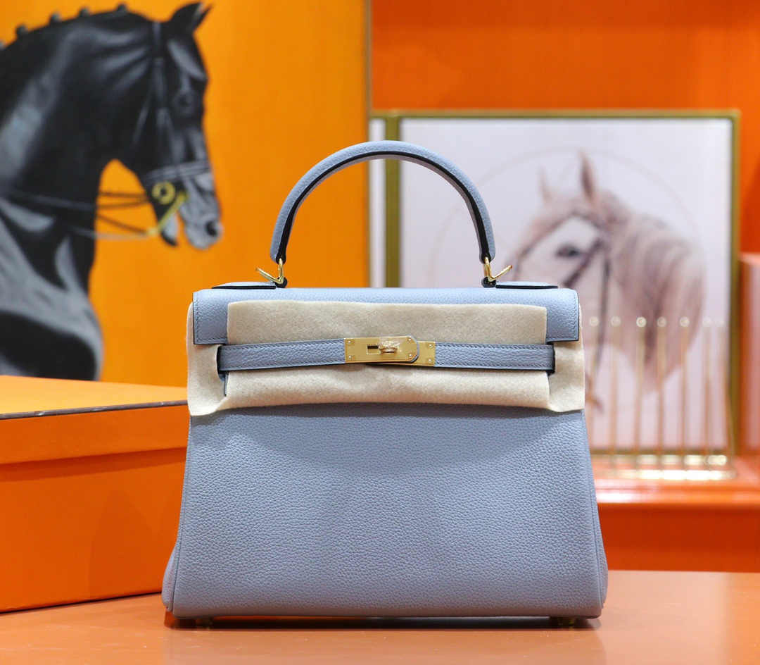 Hermès（爱马仕）Kelly 凯莉包 亚麻蓝 Togo 全手缝 小牛皮 金扣 28cm