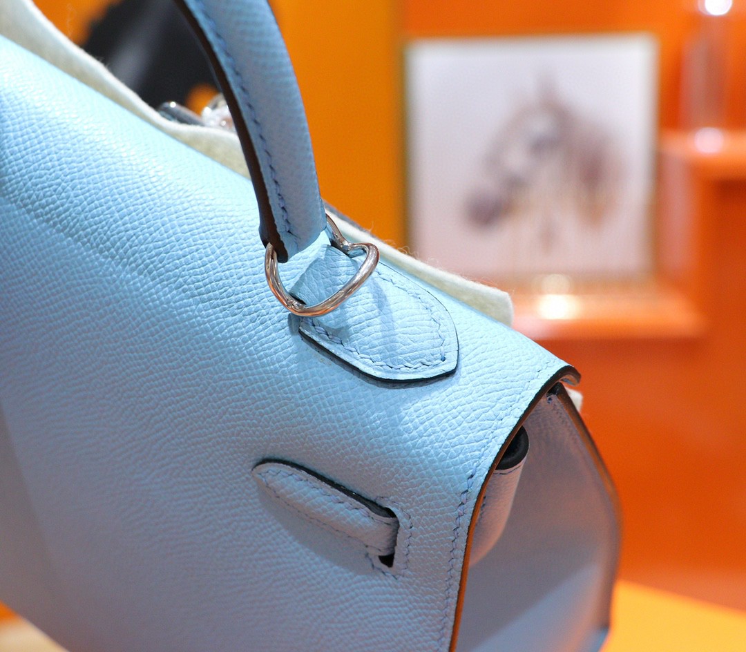 Hermès（爱马仕）Kelly 凯莉包 马卡龙蓝 Epsom 小牛皮 全手缝 银扣 25cm