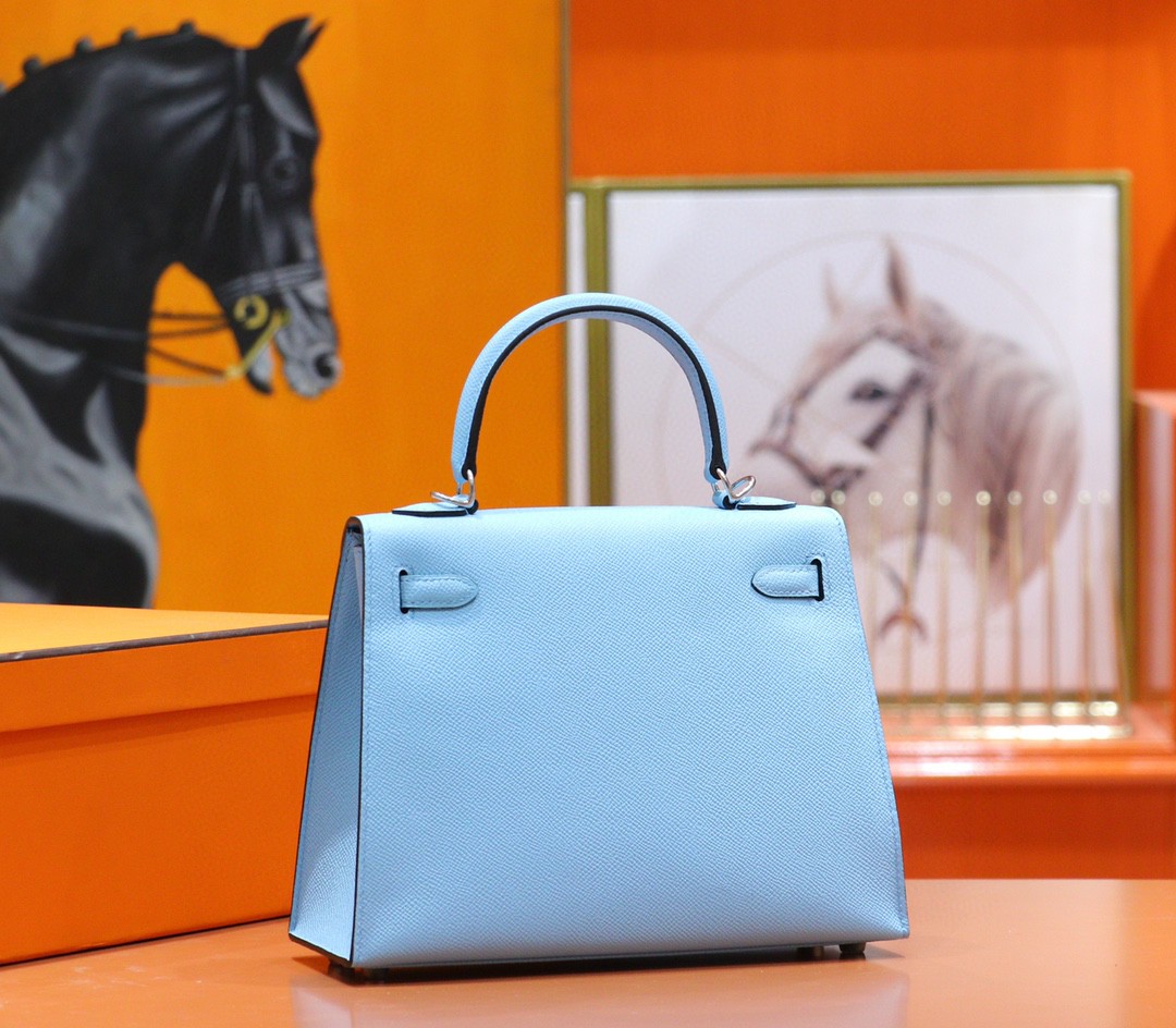 Hermès（爱马仕）Kelly 凯莉包 马卡龙蓝 Epsom 小牛皮 全手缝 银扣 25cm