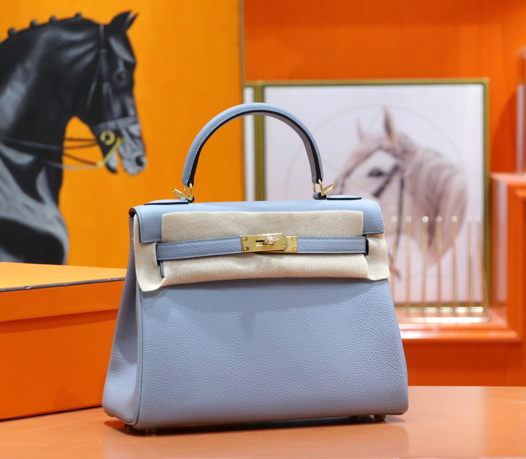 Hermès（爱马仕）Kelly 凯莉包 亚麻蓝 Togo 全手缝 小牛皮 金扣 28cm