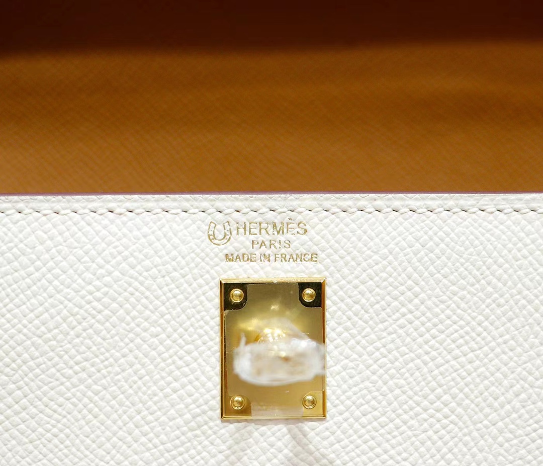 Hermès（爱马仕）Kelly 凯莉包 金棕色 拼 奶昔白 Epsom 全手缝 小牛皮 金扣 25cm