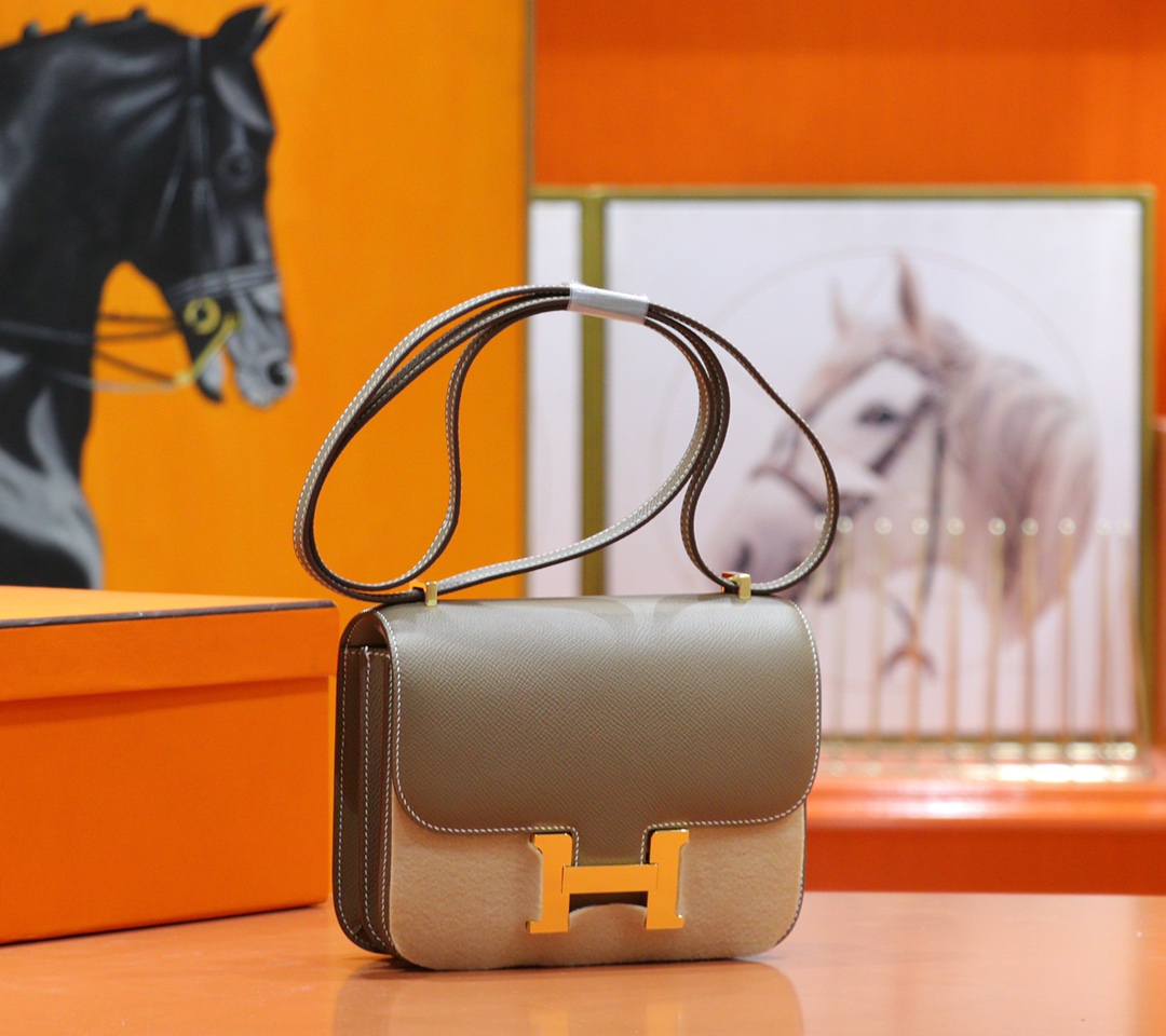 Hermès（爱马仕）Constance 空姐包 大象灰 Epsom 小牛皮 全手缝 金扣 18cm