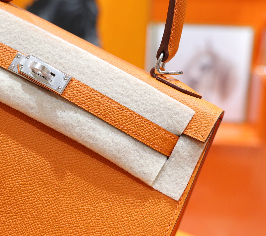 Hermès（爱马仕）Kelly 凯莉包 橙色 Epsom 小牛皮 全手缝 银扣 25cm