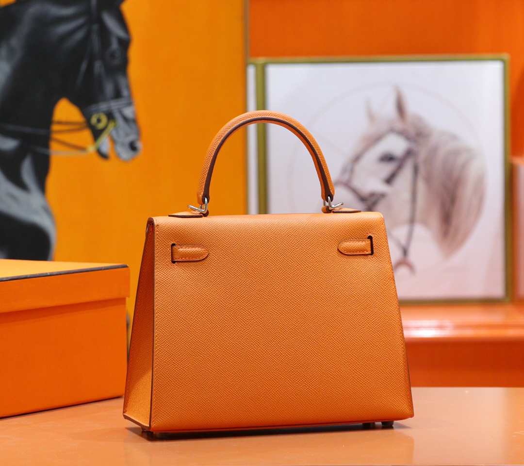 Hermès（爱马仕）Kelly 凯莉包 橙色 Epsom 小牛皮 全手缝 银扣 25cm