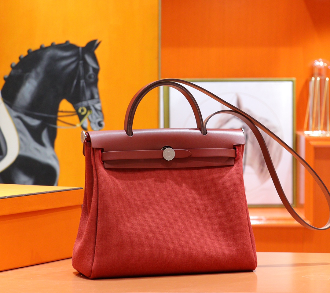 Hermès（爱马仕）Herbag 红色 原版帆布 拼 原厂皮 最高版本 银扣 31cm