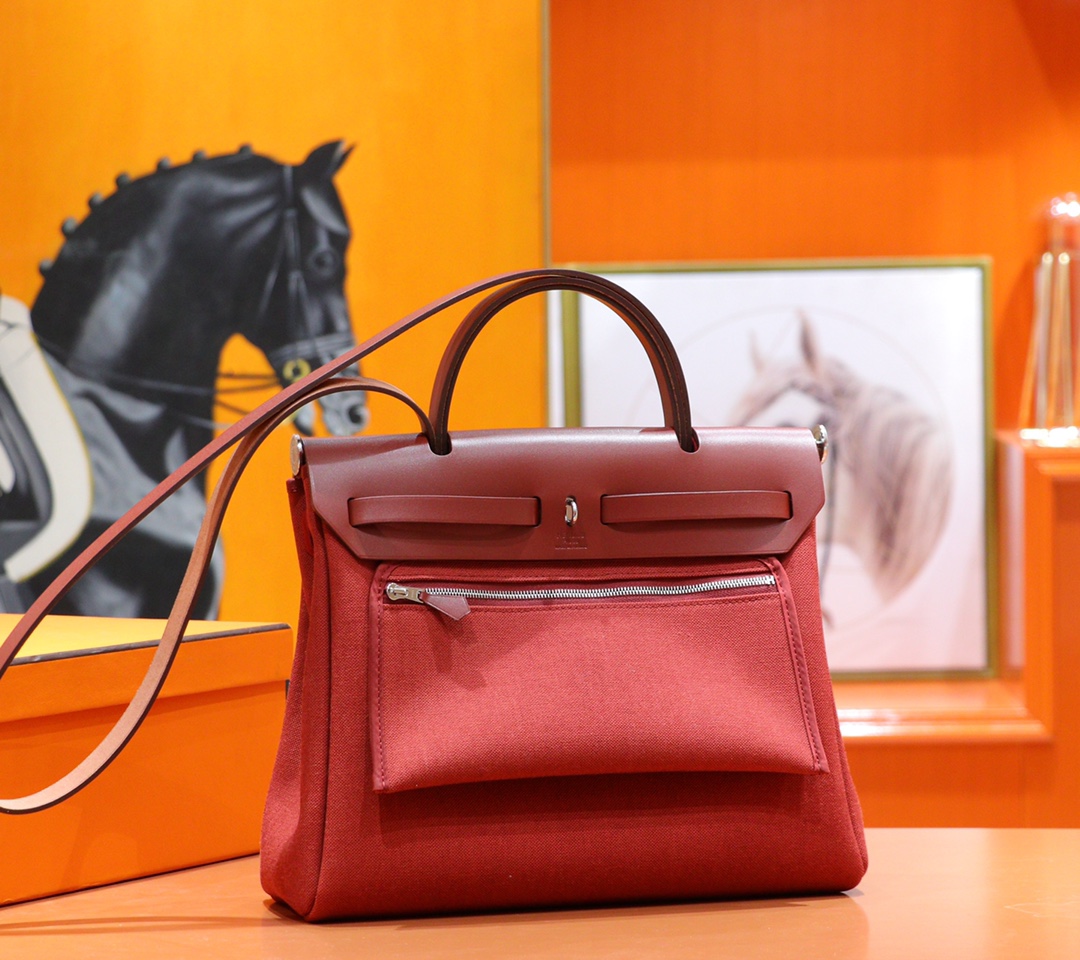 Hermès（爱马仕）Herbag 红色 原版帆布 拼 原厂皮 最高版本 银扣 31cm