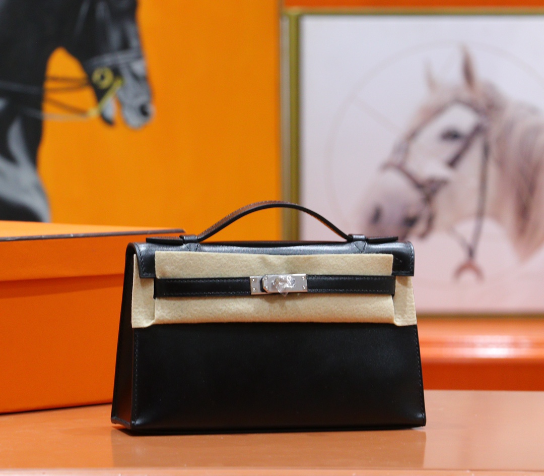 Hermès（爱马仕）Mini kelly Pochette 黑色 Box 小牛皮 全手缝 银扣 一代