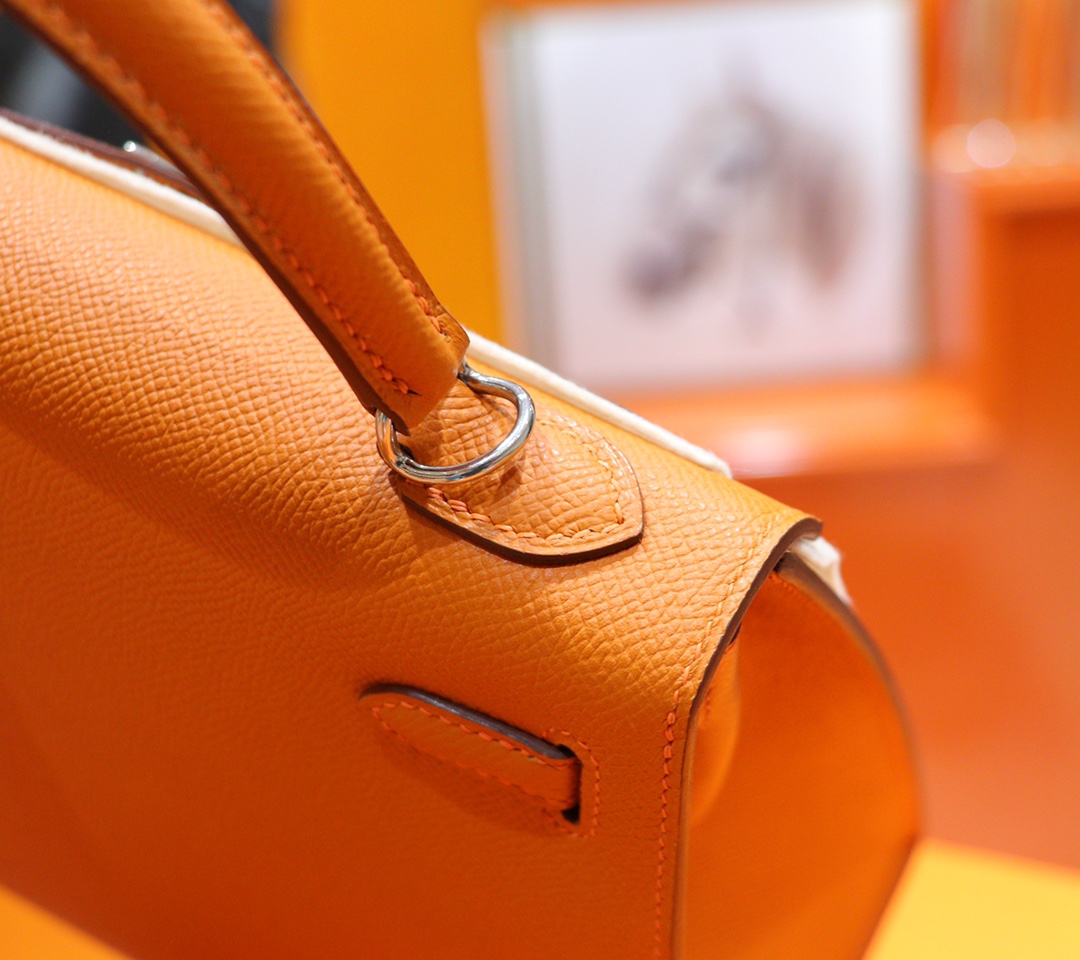 Hermès（爱马仕）Kelly 凯莉包 橙色 Epsom 小牛皮 全手缝 银扣 25cm