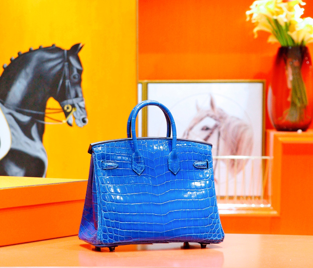 Hermès（爱马仕）Birkin 铂金包 伊兹密尔蓝 亮面鳄鱼皮 银扣 25cm