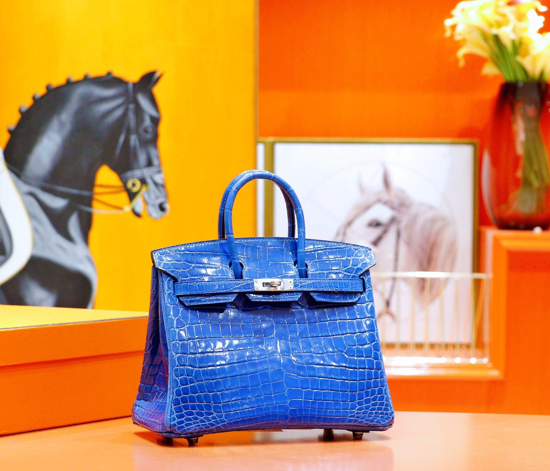 Hermès（爱马仕）Birkin 铂金包 伊兹密尔蓝 亮面鳄鱼皮 银扣 25cm