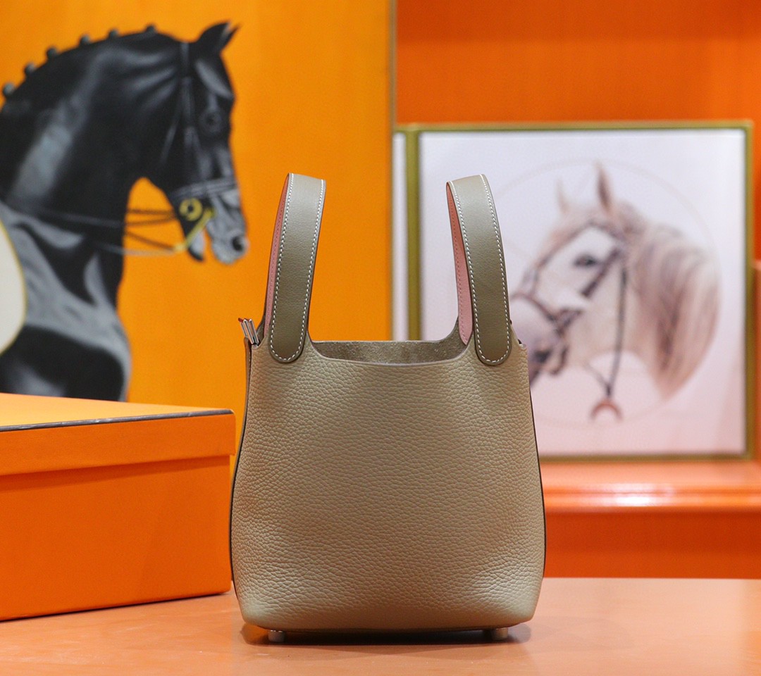 Hermès（爱马仕）Picotin 菜篮子 Togo 小牛皮 风衣灰 拼 大象灰 拼 奶昔粉 三拼色 全手缝 银扣 18cm